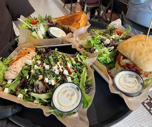 assorted salads and burgers